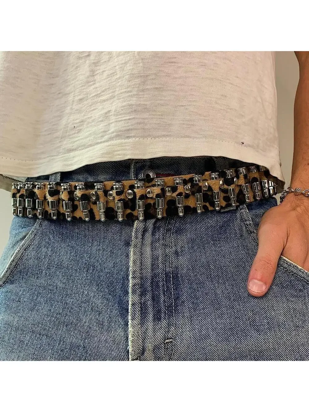 Cyber Bullet belt Cheetah Fur studded vintage y2k style. Cool grunge/punk look